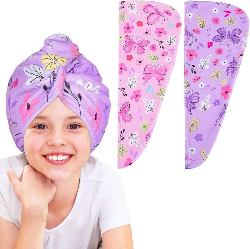 Basumee Microfiber Hair Towel Wrap for Kids 2 Pack Rapid Drying Hair Towel with Button Hair Turbans for Wet Hair Wraps Head Towel Wrap for Women and Girls, Pink Purple Butterfly - Image 1